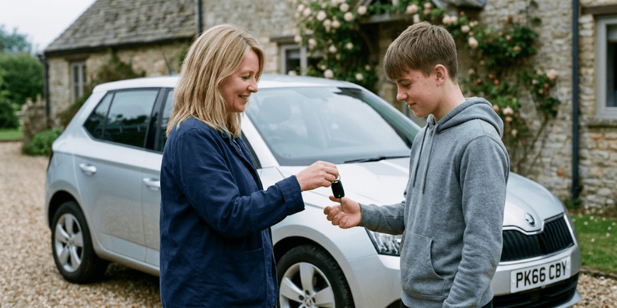 A parent and their teenage son beside the family car, the classic dual-policy situation
