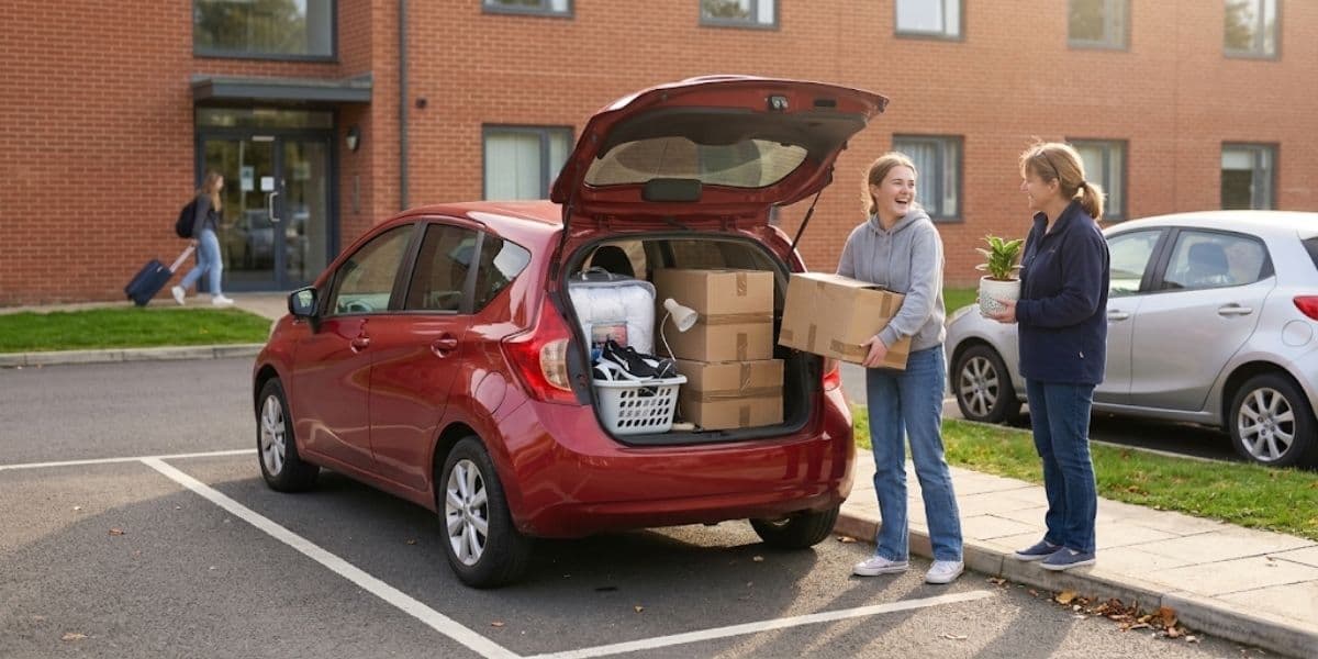 Red Nissan Note E12 with its boot full of moving boxes outside student halls, a young driver and her mum unloading
