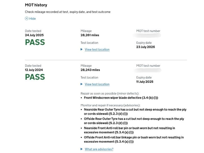 GOV.UK MOT history check interface showing clean pass record for first car inspection