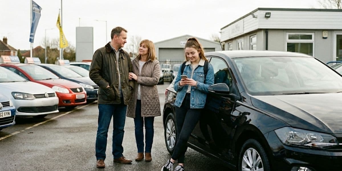 Family looking at a small used car on a dealer forecourt.