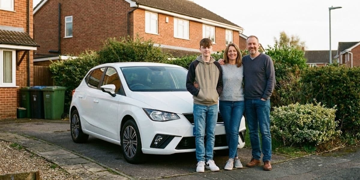 Young driver with parents standing next to a white SEAT Ibiza first car