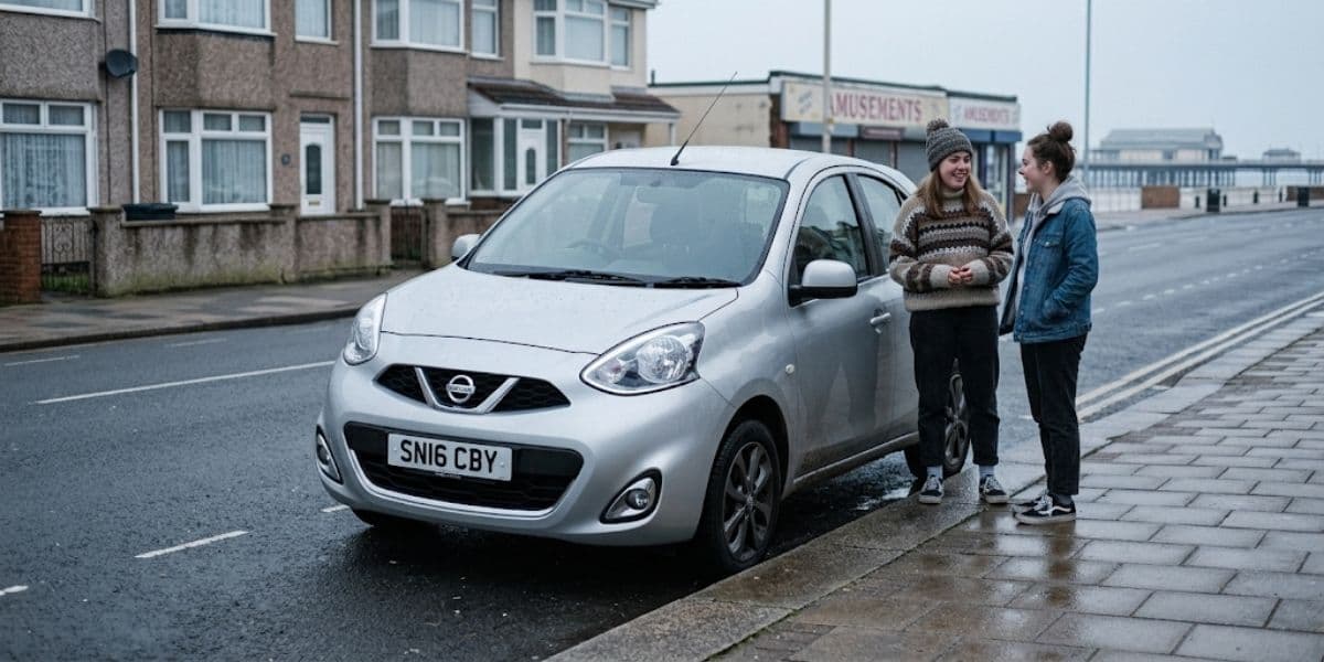 Silver Nissan Micra K13 parked on a UK street with two young drivers