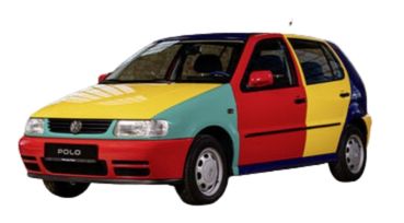 Picture of an old multi-coloured Polo - expensive to maintain first car